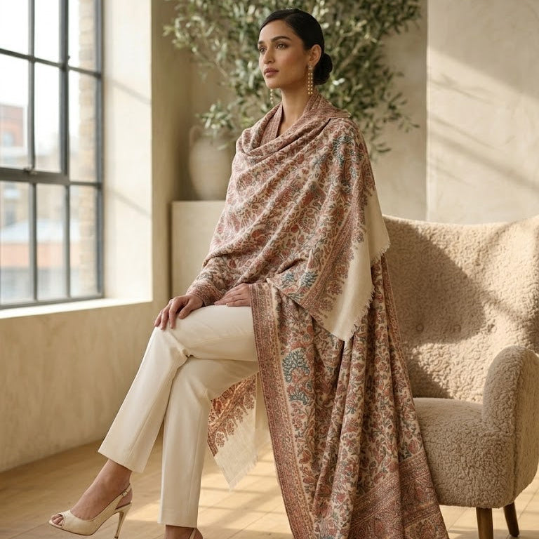 Woman sitting on a chair wearing a patterned shawl in a sunlit room.