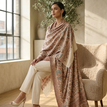 Woman sitting on a chair wearing a patterned shawl in a sunlit room.