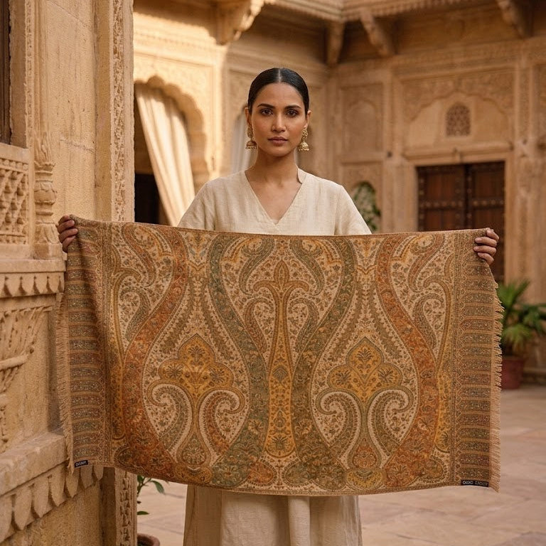 Woman holding a large patterned fabric in front of an architectural background