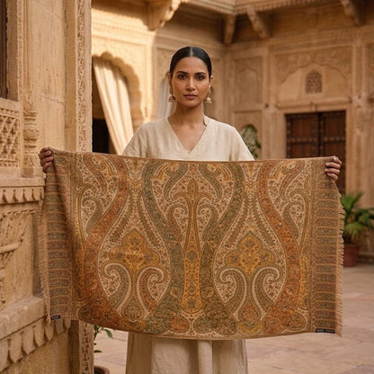 Woman holding a large patterned fabric in front of an architectural background