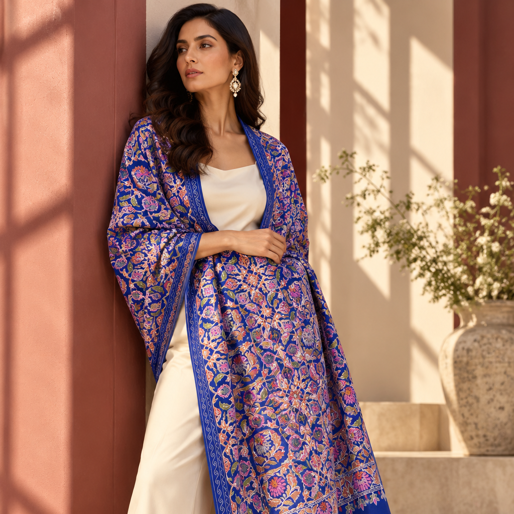 A woman models a vibrant blue and pink patterned shawl draped over her shoulders, paired with cream-colored wide-leg trousers and a white top, set against a warm architectural background with terracotta pillars and soft sunlight.