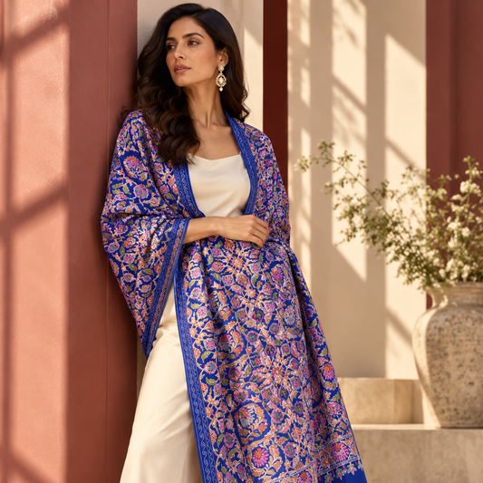 A woman models a vibrant blue and pink patterned shawl draped over her shoulders, paired with cream-colored wide-leg trousers and a white top, set against a warm architectural background with terracotta pillars and soft sunlight.