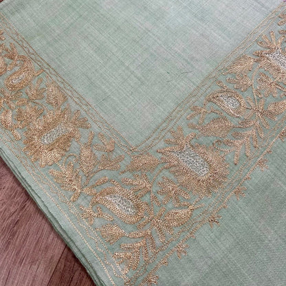 Sage Green Tilla Wool Blend Shawl - Gold Thread Border for Evening Wear