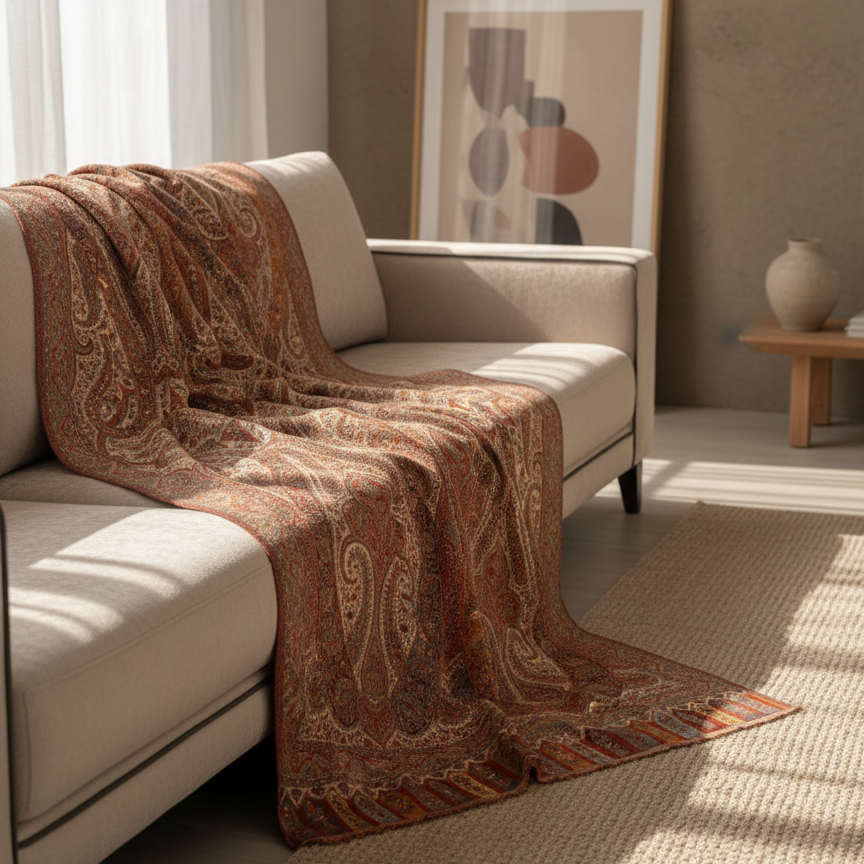 WOMENS FINE WOOL SHAWL WITH KALAMKARI INSPIRED PAISLEY MOTIFS - DEEP RED