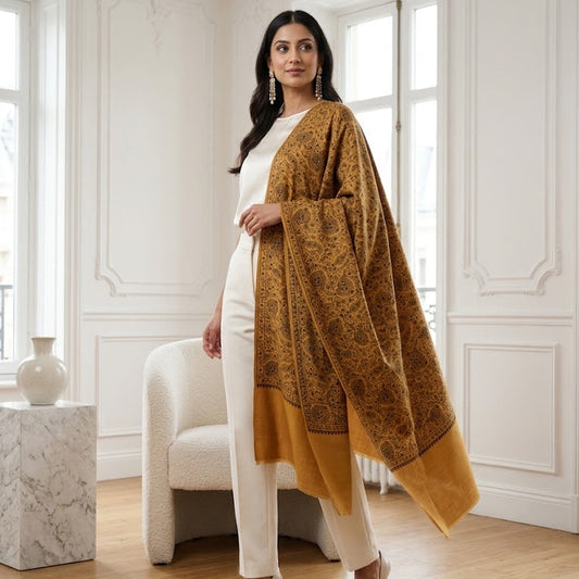 Mustard Sozni Shawl in Jaal Embroidery