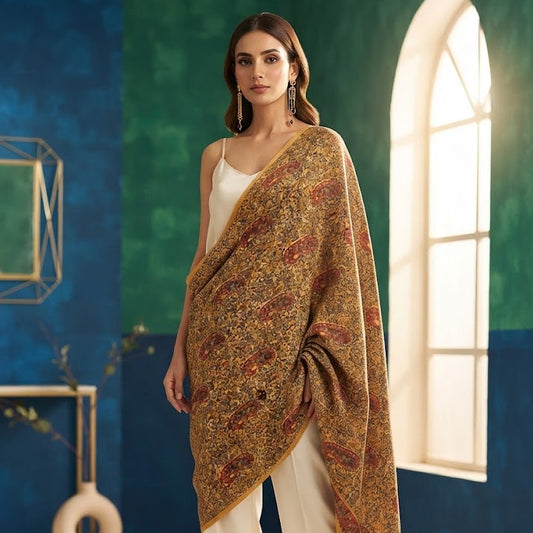 A woman models a large, ornate shawl draped over her shoulders. The shawl features a dense, intricate floral and paisley pattern in gold, brown, and muted red tones, with a solid golden-yellow border.
