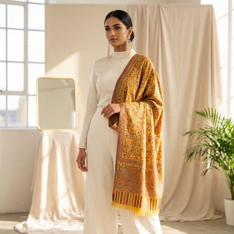 A woman models a luxurious mustard yellow and orange patterned shawl with fringe details over a white high-neck top and wide-leg trousers in a bright, sunlit studio with draped beige fabric and a potted plant.