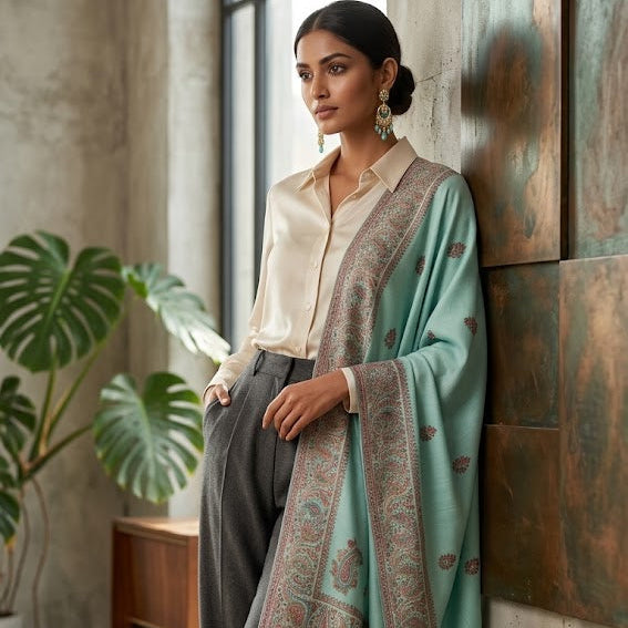 A woman stands indoors leaning against a rustic wall, wearing a light mint green shawl with ornate brown paisley borders over a cream blouse, dark gray trousers, and green heels.