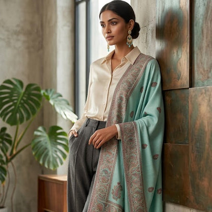 A woman stands indoors leaning against a rustic wall, wearing a light mint green shawl with ornate brown paisley borders over a cream blouse, dark gray trousers, and green heels.