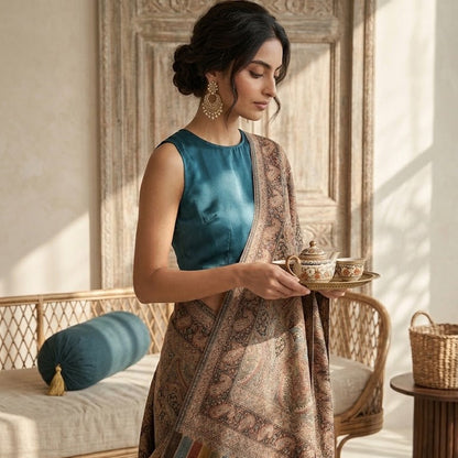 A woman in a teal sleeveless top and beige saree with a brown patterned shawl and multicolor striped border, holding a tray in a sunlit room with a wicker bench and decorative items.