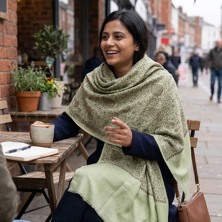A woman sitting at an outdoor cafe table wearing a light sage green patterned shawl over a navy blue top, with a brown leather shoulder bag, in a street setting.