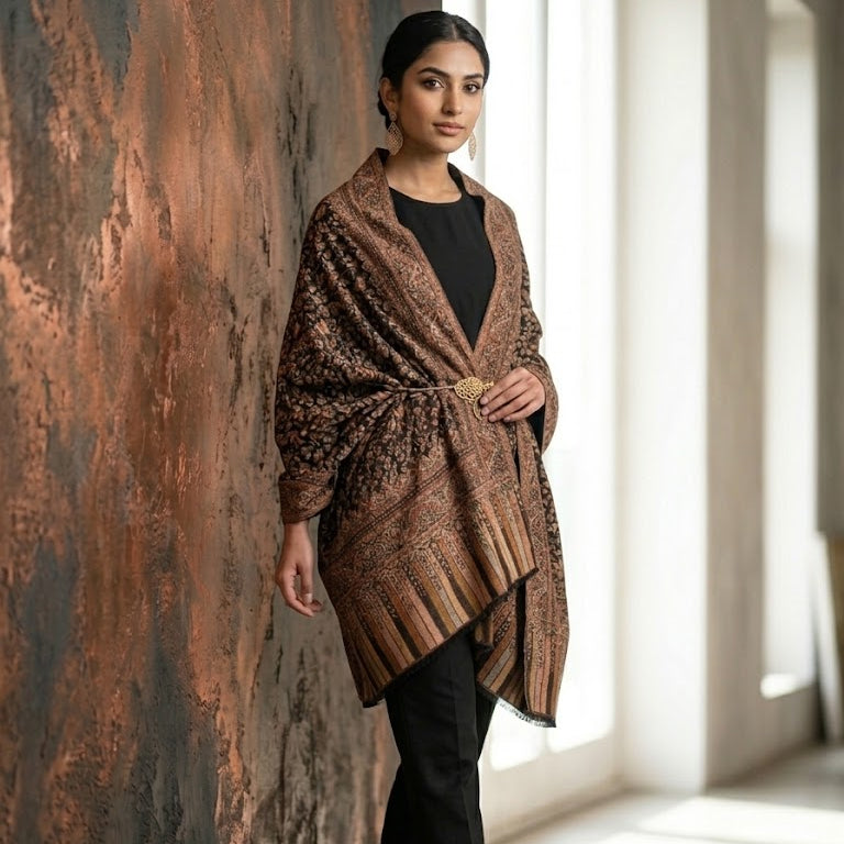 A woman models a brown and black patterned shawl wrap with a gold-tone belt, styled over a black top and black pants, standing in a modern interior with a textured brown wall and bright window light.