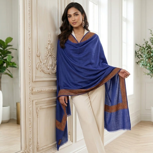 Navy Blue Sozni Wool Shawl