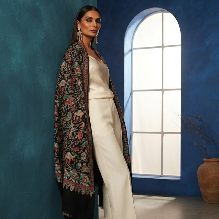 A woman models a black embroidered shawl with colorful floral motifs over a cream-colored pants set, standing in a blue room with an arched window.