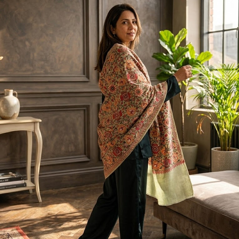 A woman wearing a vibrant, multicolored floral shawl draped over her shoulders, standing in a stylishly decorated room with dark wood paneled walls and potted plants.