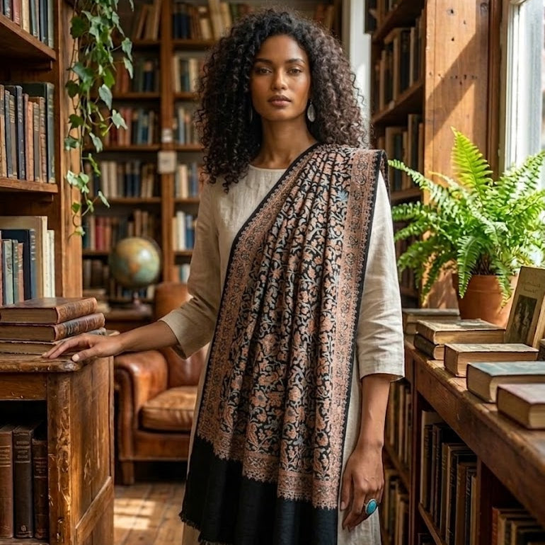 A woman stands in a cozy, sunlit book-filled library wearing a cream-colored tunic and a black and beige patterned shawl draped over her shoulders.