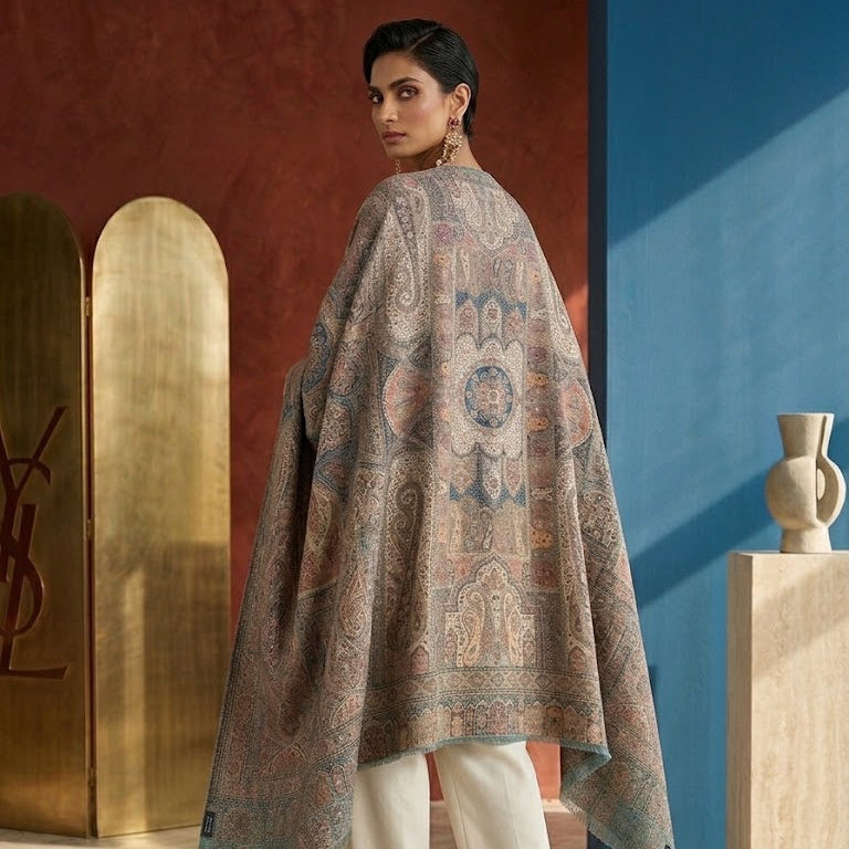 A woman stands in a styled indoor setting wearing a large patterned shawl draped over her shoulders, paired with white wide-leg pants and brown heels. The background features a terracotta wall, a blue wall, and decorative architectural elements.