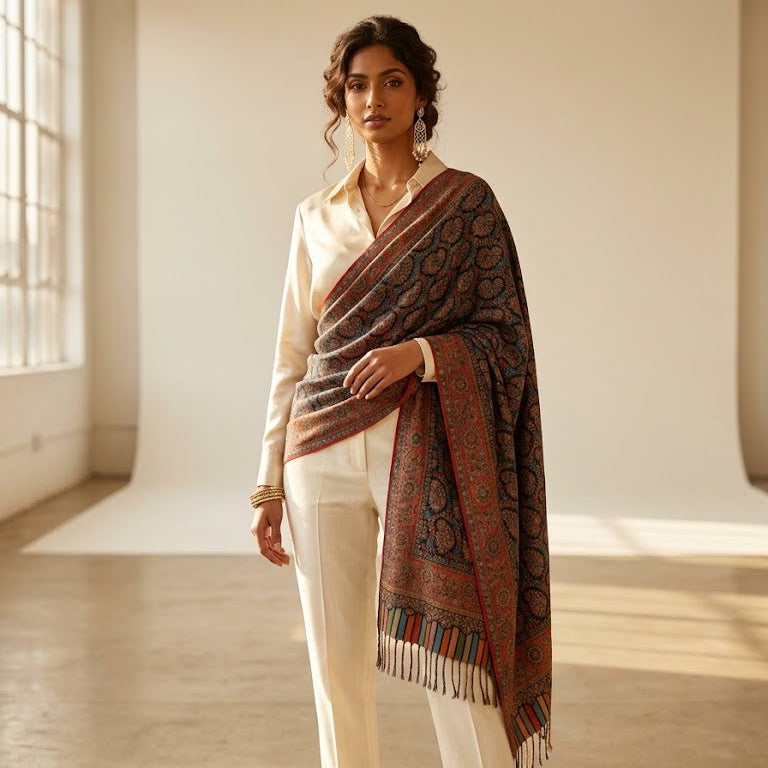 A woman stands in a sunlit studio wearing a cream shirt and white trousers, with a large patterned shawl draped over her shoulders. The shawl has a dark base with intricate red, brown, and blue paisley-style motifs and fringe along one edge.