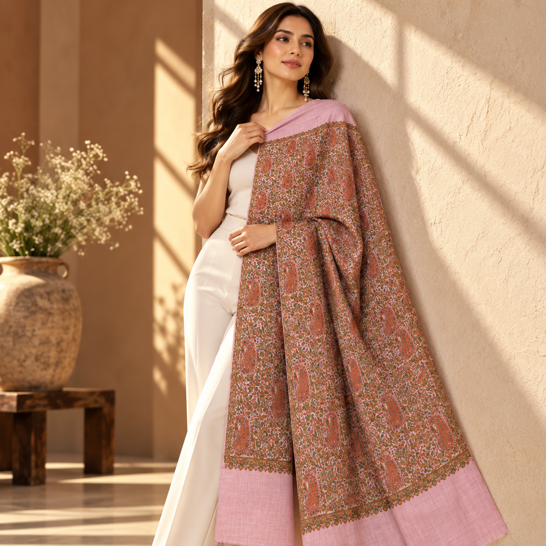 A woman models a light pink dupatta with an intricate brown and gold paisley pattern, draped over her shoulders. She is wearing a white sleeveless jumpsuit and nude heels, standing against a warm beige textured wall with soft window shadows.