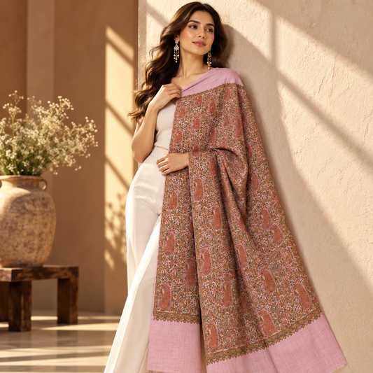 A woman models a light pink dupatta with an intricate brown and gold paisley pattern, draped over her shoulders. She is wearing a white sleeveless jumpsuit and nude heels, standing against a warm beige textured wall with soft window shadows.