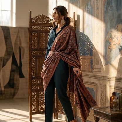A woman stands in a sunlit room with classical wall art and a carved wooden screen, wearing a dark teal jumpsuit and a rust-brown patterned shawl draped over her shoulders.