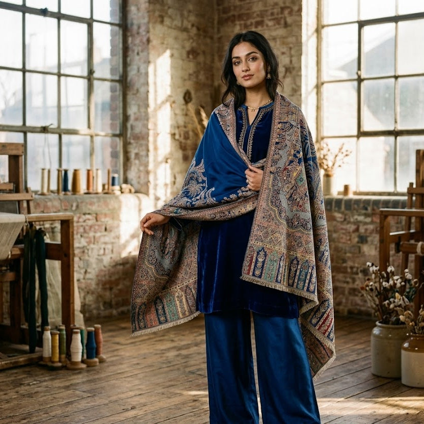 A woman stands in a rustic, sunlit textile workshop wearing a deep blue traditional outfit and draped over her shoulders a large, ornate multicolor patterned shawl. The background features exposed brick walls, large industrial windows, and wooden looms.