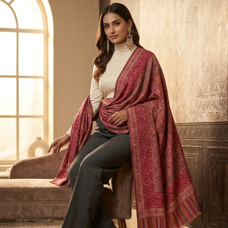 A woman models a luxurious maroon and gold patterned shawl draped over her shoulders, styled with a white mock neck top, grey wide-leg trousers, and burgundy heels in an elegant room with warm lighting.