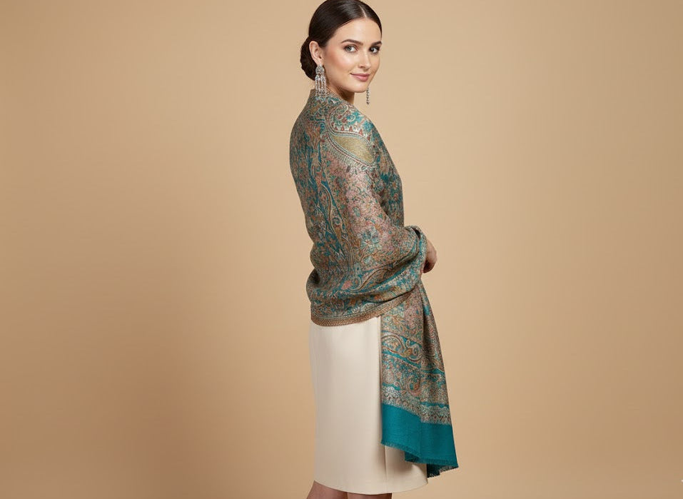Woman wearing a patterned deep teal blue patterned jamawar kani pure wool shawl over a plain dress on a beige background