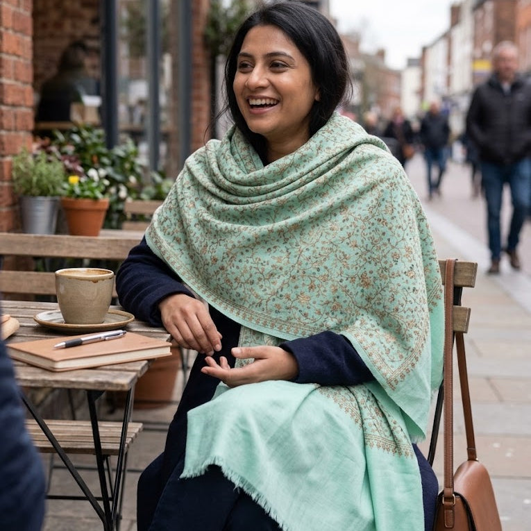 A woman sitting at an outdoor cafe table wearing a light mint green shawl with a delicate floral pattern over a dark navy top. The background shows a blurred street scene with brick buildings and pedestrians.