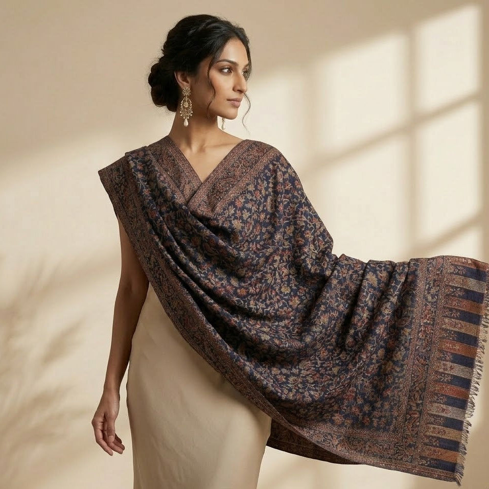 Woman wearing a patterned shawl over a plain dress in a softly lit room.