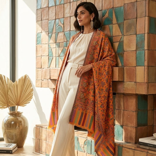 A woman models a vibrant orange and red patterned shawl draped over a cream-colored jumpsuit in a sunlit room with a geometric tiled wall.