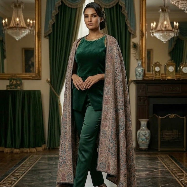 Woman in a green outfit with a patterned shawl in an elegant room.