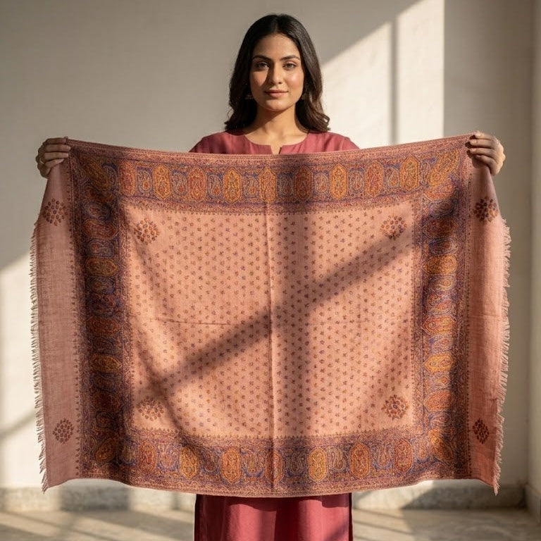Silk Wool Kani Jamawar Shawl draped on a female model