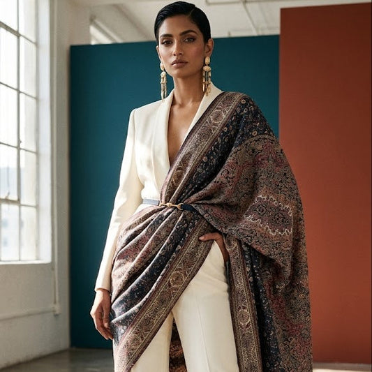 A woman models a luxurious patterned shawl draped over her shoulders, styled with a cream blazer and wide-leg trousers in a modern studio setting with teal and terracotta walls.