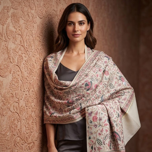 A woman models a large cream-colored shawl with intricate multicolor floral and paisley patterns and fringed edges, styled over a dark gray top and trousers against a textured brown wall.