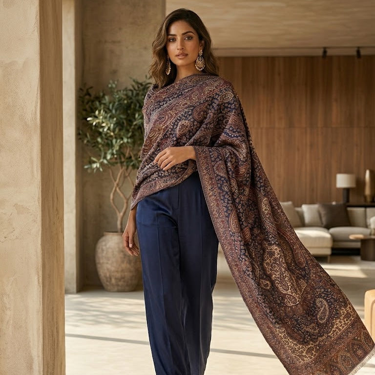 A woman models a dark brown and navy blue paisley shawl draped over her shoulders, paired with navy blue trousers, in a modern, sunlit architectural setting with warm beige walls and wooden accents.
