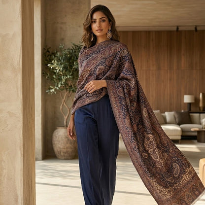 A woman models a dark brown and navy blue paisley shawl draped over her shoulders, paired with navy blue trousers, in a modern, sunlit architectural setting with warm beige walls and wooden accents.