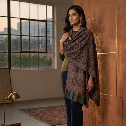 A woman models a dark brown patterned shawl draped over her shoulders in a modern loft setting with a large window and a textured wooden wall.