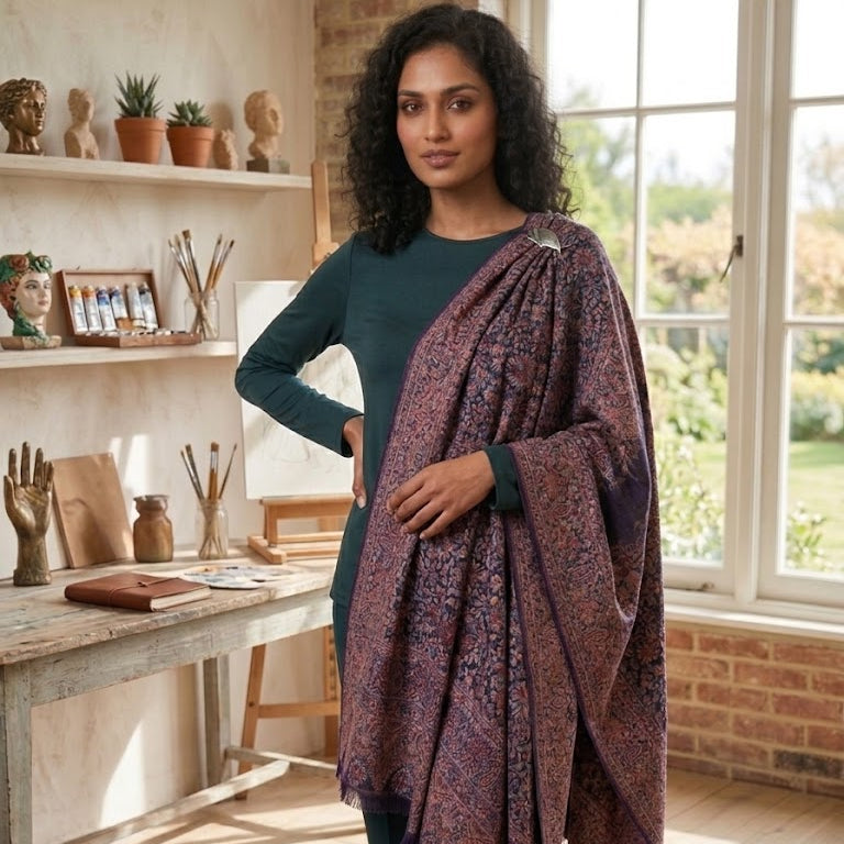 Kani Jamawar Shawl in Navy Blue on a female model