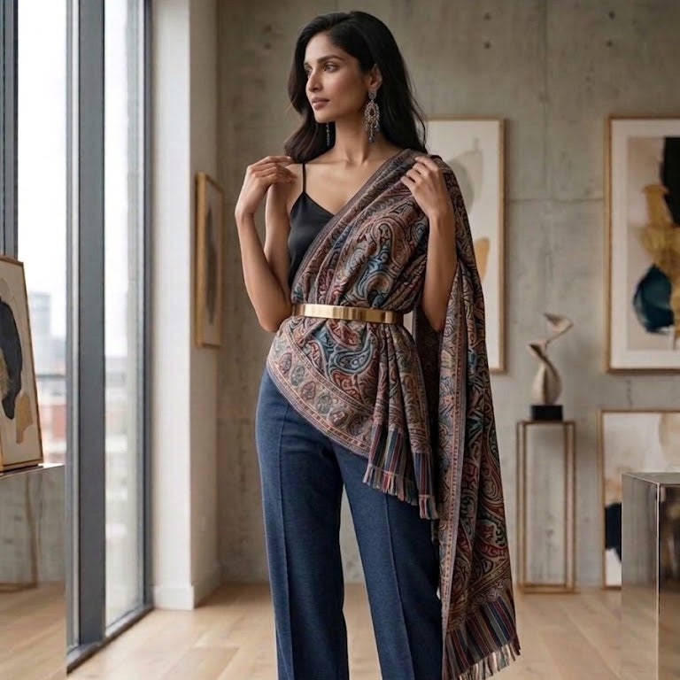 A woman stands in a modern indoor room wearing a dark navy wide-leg jumpsuit, a black camisole, and a large patterned shawl draped over her shoulders. The shawl features a multicolor paisley design with blue, brown, and red tones, and she is wearing teal high heels.