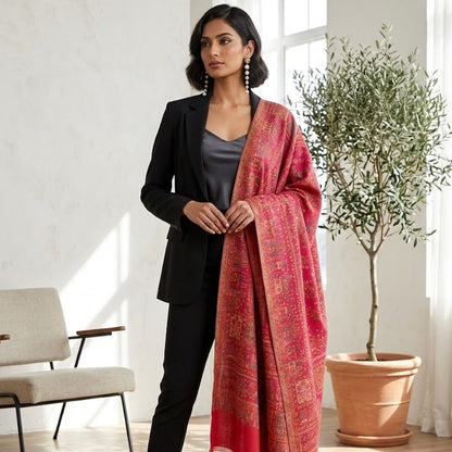 Pure Wool Kani Shawl in Magenta Pink  