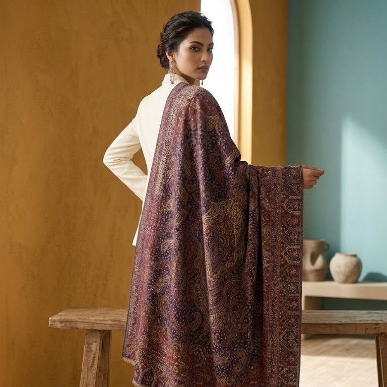 A woman models a large, draped shawl with an intricate paisley pattern in deep burgundy, brown, and gold tones, paired with a white traditional outfit in a warm, rustic interior setting.