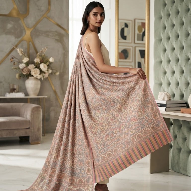 Cream and Powder Blue Kani Shawl