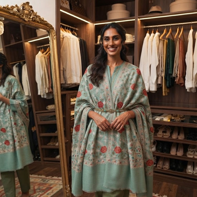 A woman stands in a luxury walk-in closet wearing a sage green printed kurta with a matching belt and olive green trousers. The room features dark wood shelving filled with clothing, a large gold-framed mirror reflecting her side, and a crystal chandelier overhead.