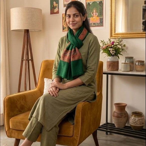 A woman sits in a mustard yellow armchair in a styled room, wearing an olive green traditional outfit with a green and red patterned scarf. The room features a floor lamp, a side table with vases, framed art, and a mirror.