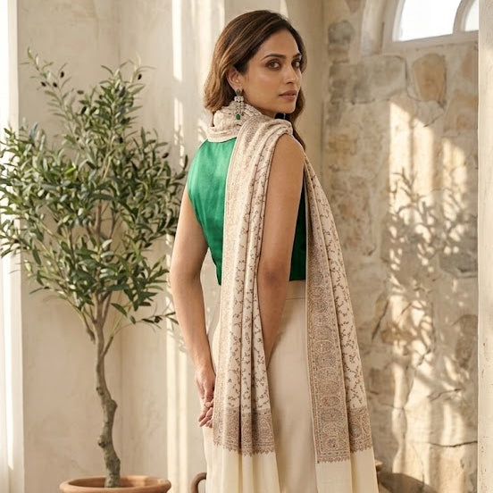 A woman models a traditional outfit featuring a green sleeveless top, cream wide-leg trousers, and a beige patterned shawl draped over her shoulders, set in a rustic stone-walled room with potted plants.