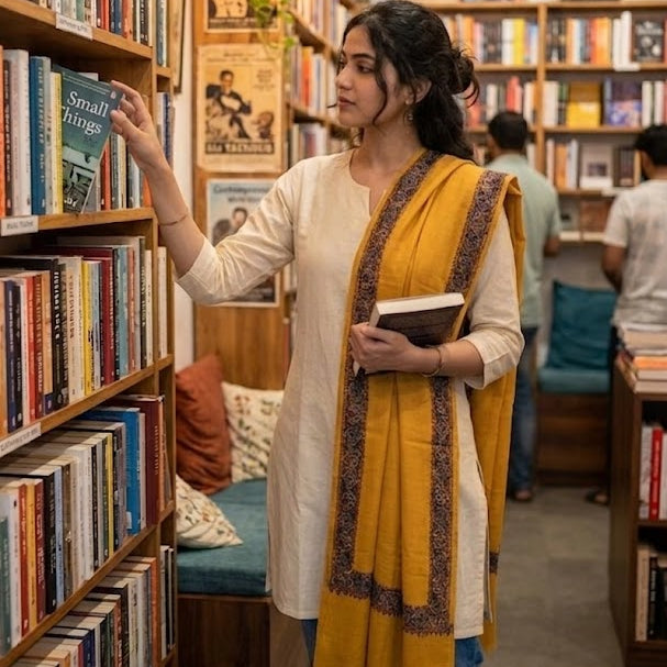 A woman in a cream kurta and blue jeans stands in a cozy bookshop, holding a book and looking at a bookshelf, wearing a bright yellow dupatta with dark border detailing.