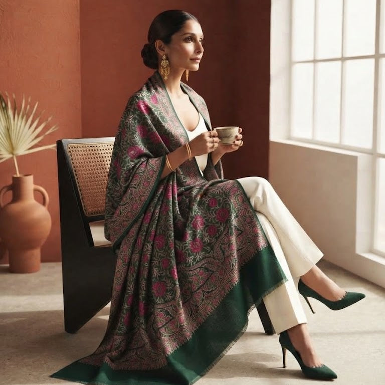 A woman sits in a chair by a window wearing a draped patterned shawl and white pants, holding a cup in a warm-toned indoor setting.