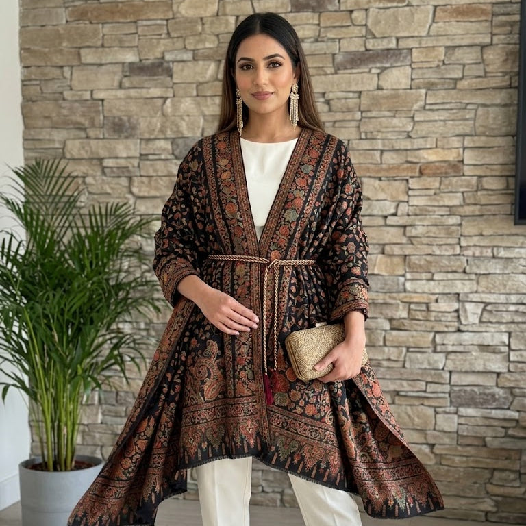 A woman models a brown and black patterned open-front tunic with a tie belt, styled with white pants, holding a small woven clutch in front of a stone wall.