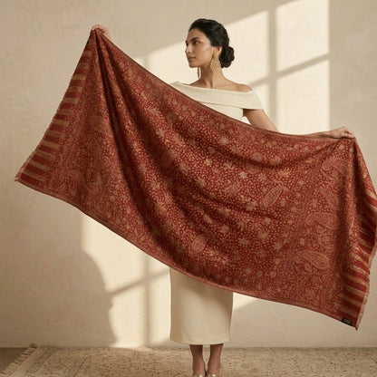Woman holding a large red patterned scarf against a beige wall.